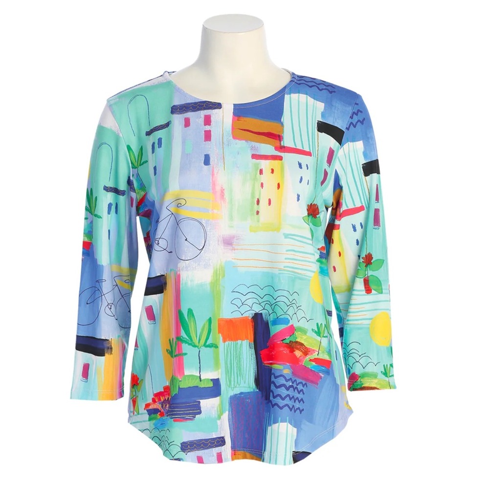 Jess & Jane Santorini‎ Art Print Top 3/4 Sleeve Colorful Blouse Size L